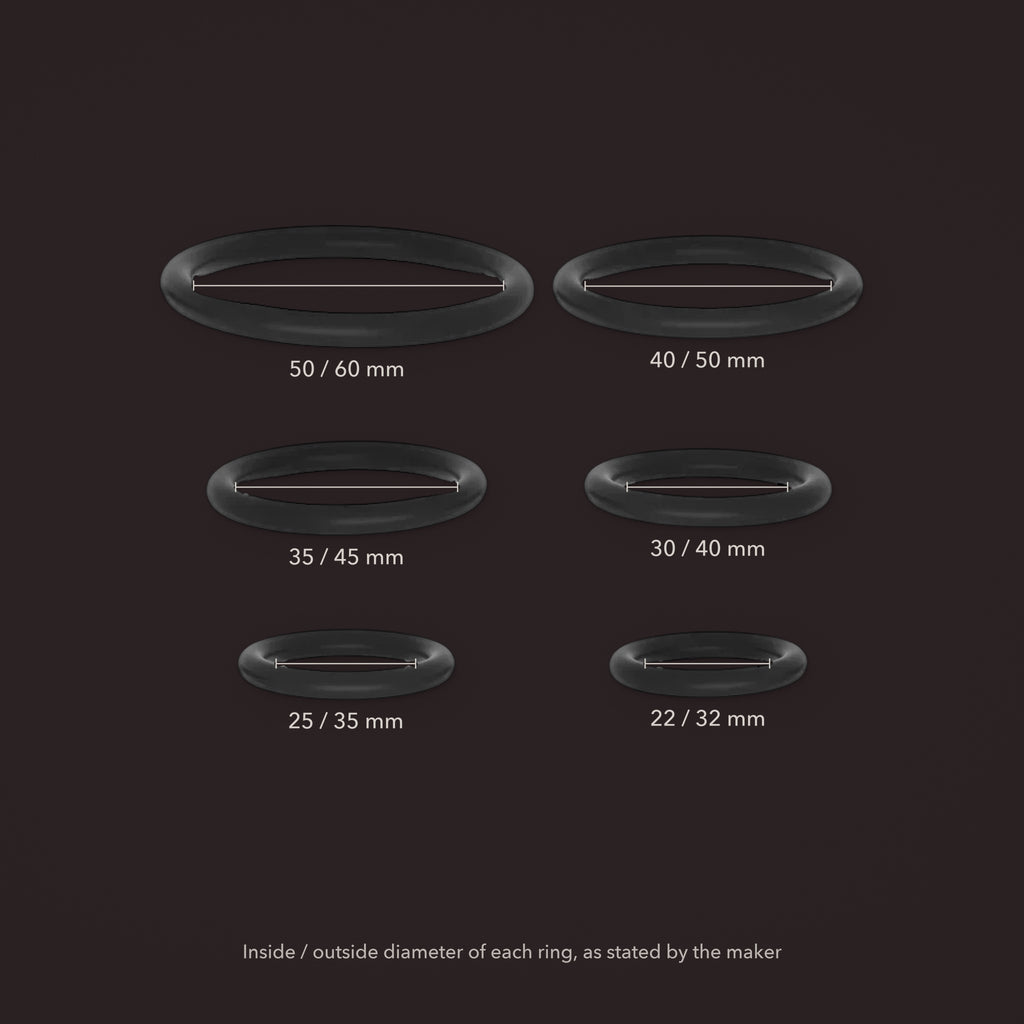 Linnet, silicone ring set in six sizes, with the maker's stated measurements (Black)