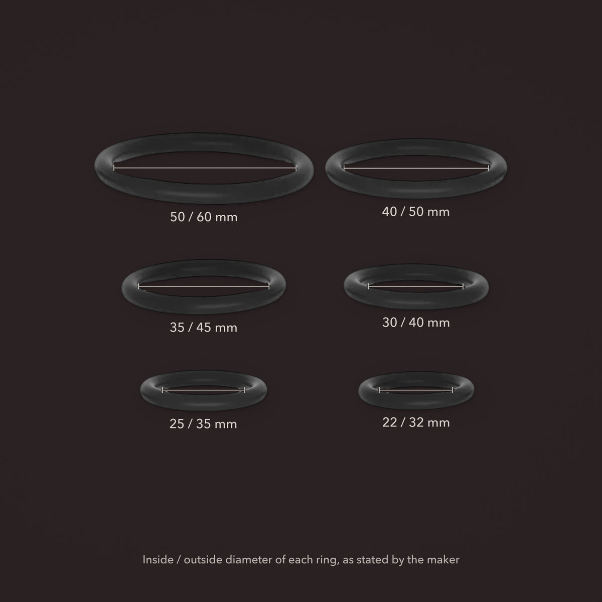 Linnet, silicone ring set in six sizes, with the maker's stated measurements (Black)