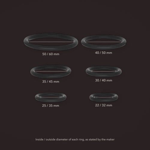 Linnet, silicone ring set in six sizes, with the maker's stated measurements (Black)