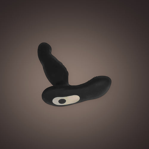 Kestrel, app-controlled prostate massager, three-quarter view with the button plate (Black)