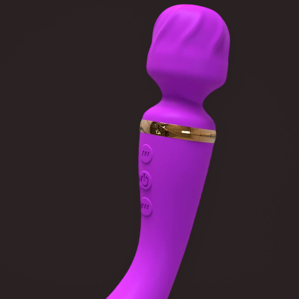 Heron, curved double-ended wand vibrator, close-up of the textured head, the gold collar and the buttons (Purple)