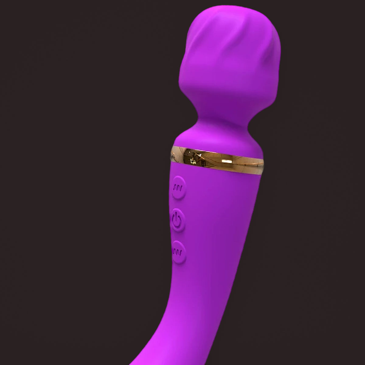 Heron, curved double-ended wand vibrator, close-up of the textured head, the gold collar and the buttons (Purple)