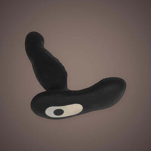 Kestrel, app-controlled prostate massager, three-quarter view with the button plate (Black)
