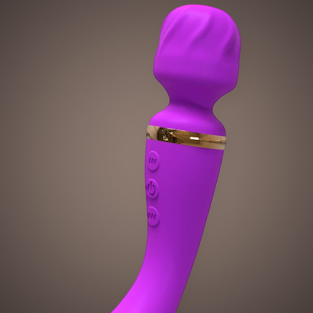 Heron, curved double-ended wand vibrator, close-up of the textured head, the gold collar and the buttons (Purple)