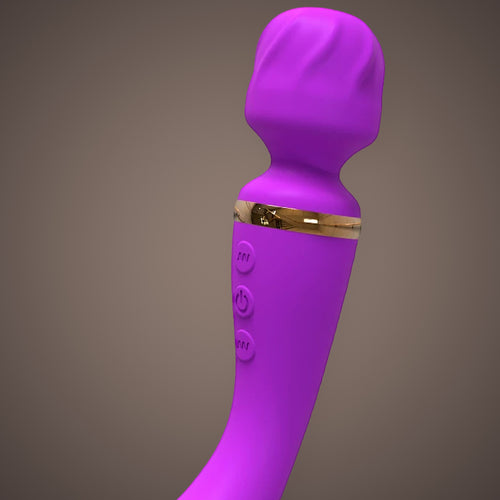 Heron, curved double-ended wand vibrator, close-up of the textured head, the gold collar and the buttons (Purple)